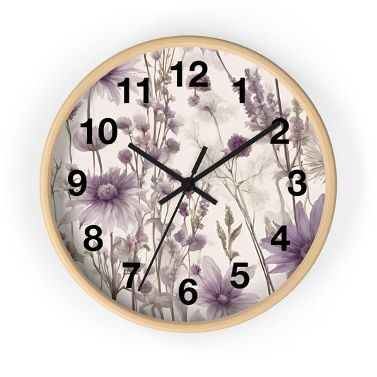 Acrylic Meadow Wall Clock With Numbers, Vintage Purple Colors Herbs Clock, Floral Wall Art, Housewarming Gift