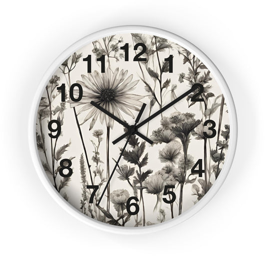 Acrylic Meadow Wall Clock With Numbers, Vintage Black & White Herbs Clock, Floral Wall Art, Flower Field Theme Decor