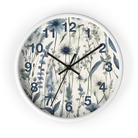 Acrylic Meadow Wall Clock With Numbers, Vintage Blue Colors Herbs Clock, Floral Wall Art, Flower Field Theme Decor