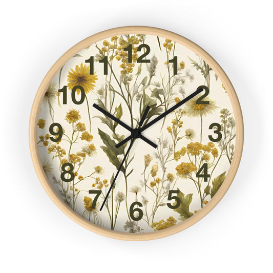 Acrylic Meadow Wall Clock With Numbers, Vintage  Yellow Colors Herbs Clock, Floral Wall Art, Flower Field Theme Decor