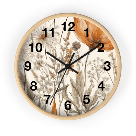 Acrylic Meadow Wall Clock With Numbers, Vintage Colors Herbs Clock, Floral Wall Art, Flower Field Theme Decor