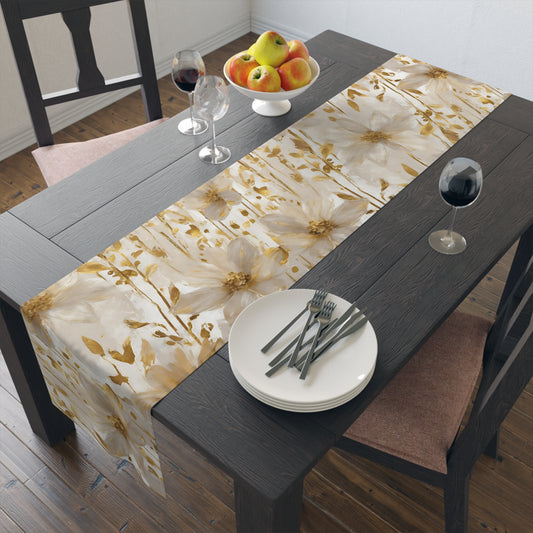 Floral Table Runner, Golden Leaves Table Decor, Spring/Summer Kitchen Decor, Farmhouse Table Runner, Housewarming Gift, Hostess Gift